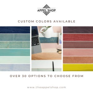 The image is an advertisement for a company called "Appel Shop" that offers custom colors available for purchase. It features a collage of various color swatches and images of a laptop, keyboard, and other office supplies, along with the company's website address. The text emphasizes that there are over 30 options to choose from, and the website is www.theappelshop.com.