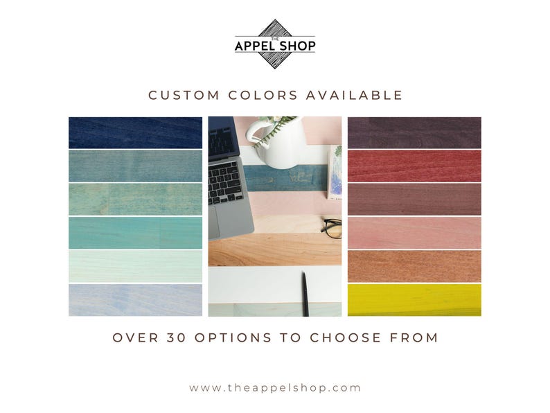 The image is an advertisement for a company called "Appel Shop" that offers custom colors available for purchase. It features a collage of various color swatches and images of a laptop, keyboard, and other office supplies, along with the company's website address. The text emphasizes that there are over 30 options to choose from, and the website is www.theappelshop.com.