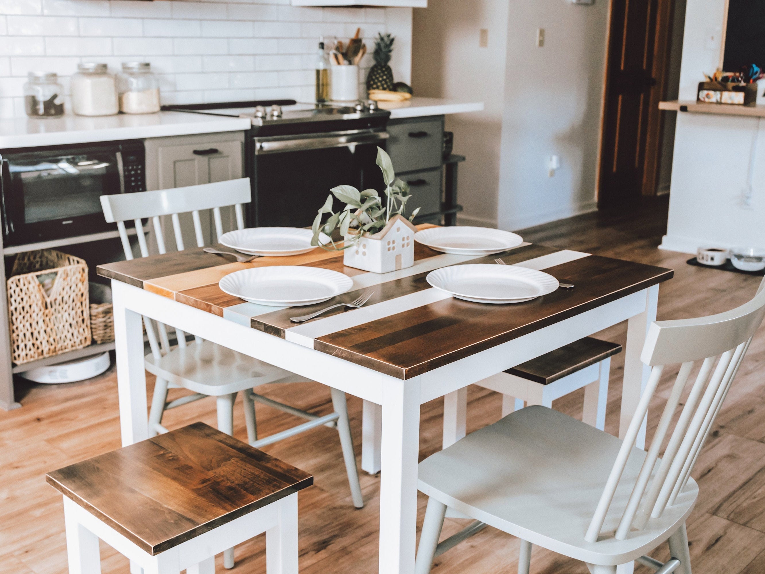 farmhouse table in small kitchen