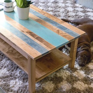 Solid Maple Farmhouse Coffee Table with Shelf: "The Bella" with Blues, Real Hardwood