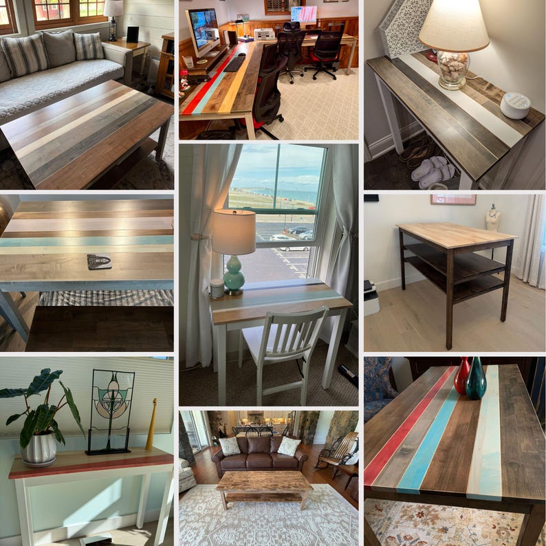 May include: A collection of wooden tables featuring multi-colored plank surfaces with stripes in shades of red, blue, and natural wood tones. The furniture includes coffee tables, desks, and console tables with white or dark brown legs.