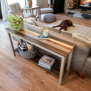 a cozy living room with a brown dog resting on a rug, a wooden coffee table with a plant and a mug, a gray sofa, and a bookshelf filled with books and decorative items.