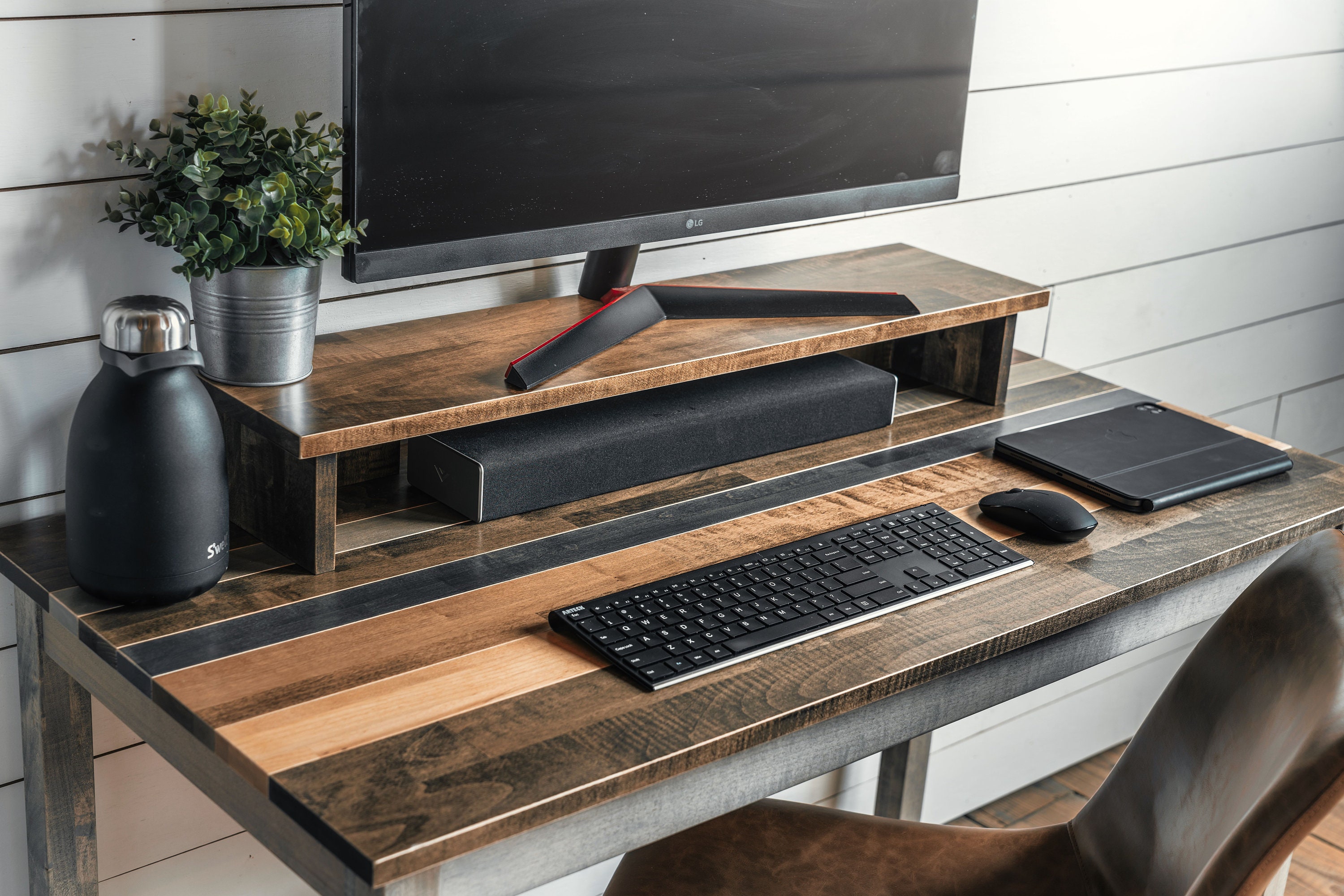 ML-Design Dual Monitor Stand Riser, 110x27x10,5 cm, Schwarz, aus Holz,  Monitorständer für 2 Monitore