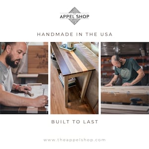 The image is a collage of three photos depicting a man working on a wooden table, with the caption "HANDMADE IN THE USA BUILT TO LAST" and the website "www.theappshop.com" at the bottom.