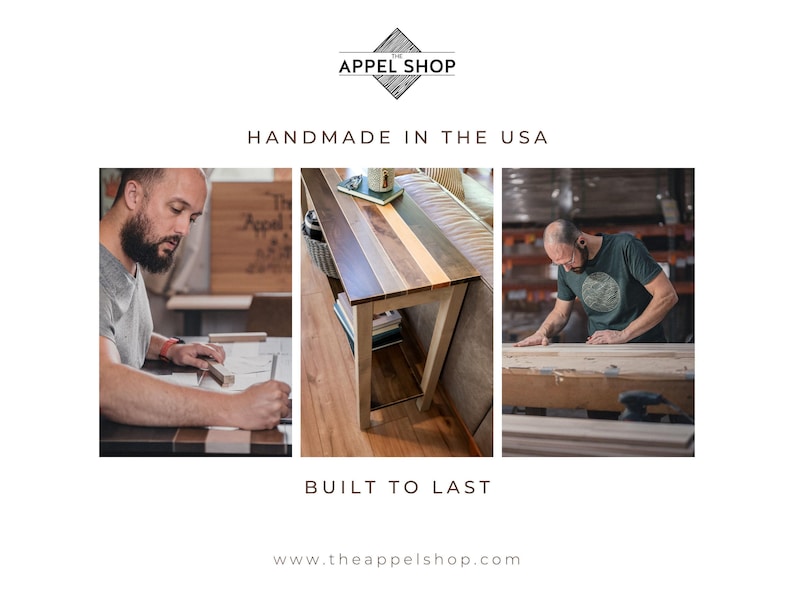 The image is a collage of three photos depicting a man working on a wooden table, with the caption "HANDMADE IN THE USA BUILT TO LAST" and the website "www.theappshop.com" at the bottom.