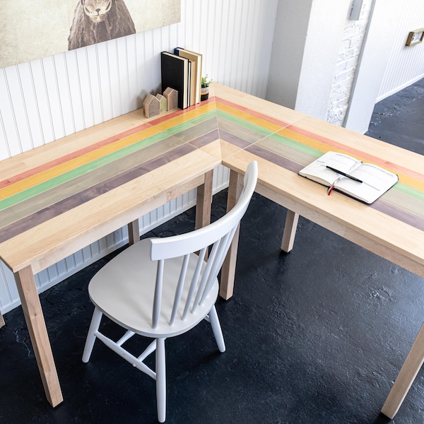 Rainbow L-Shaped Desk: "The Sunniva" Solid Maple Hardwood Corner Desk, Handmade
