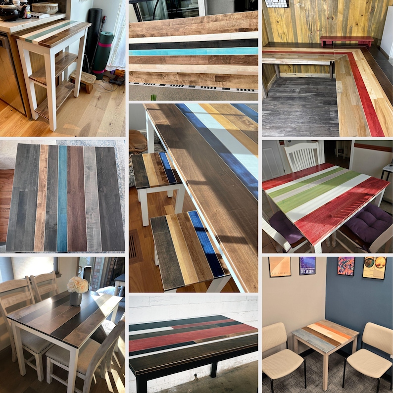May include: A collection of wooden tables and benches featuring multi-colored plank tabletops with white frames. The surfaces display various wood tones, including natural brown, grey, red, green, and blue stripes, showcasing a rustic plank design.