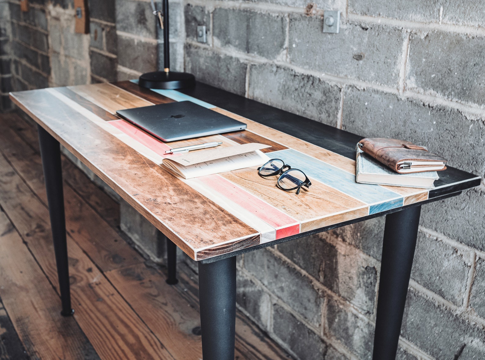 Distressed Colorful Wood Desk with Round Metal Legs Etsy