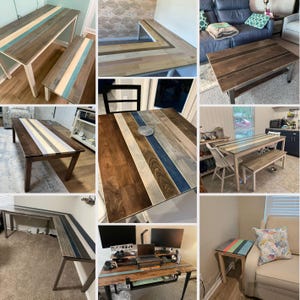 May include: A collection of wooden tables and desks featuring multi-toned plank surfaces with inlaid strips of blue, gray, and natural wood. The furniture pieces include rectangular dining tables, L-shaped desks, and small side tables with metal legs.