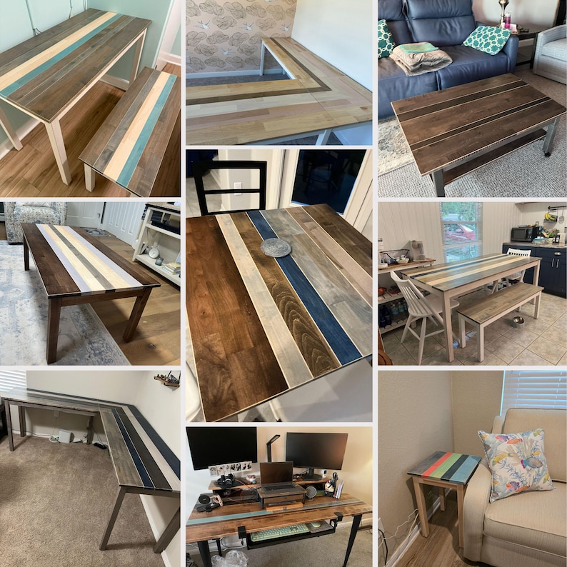 May include: A collection of wooden tables and desks featuring multi-toned plank surfaces with inlaid strips of blue, gray, and natural wood. The furniture pieces include rectangular dining tables, L-shaped desks, and small side tables with metal legs.