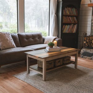 The Westley Modern Farmhouse Solid Wood Coffee Table with Storage Shelf - Rustic Living Room Furniture image 2