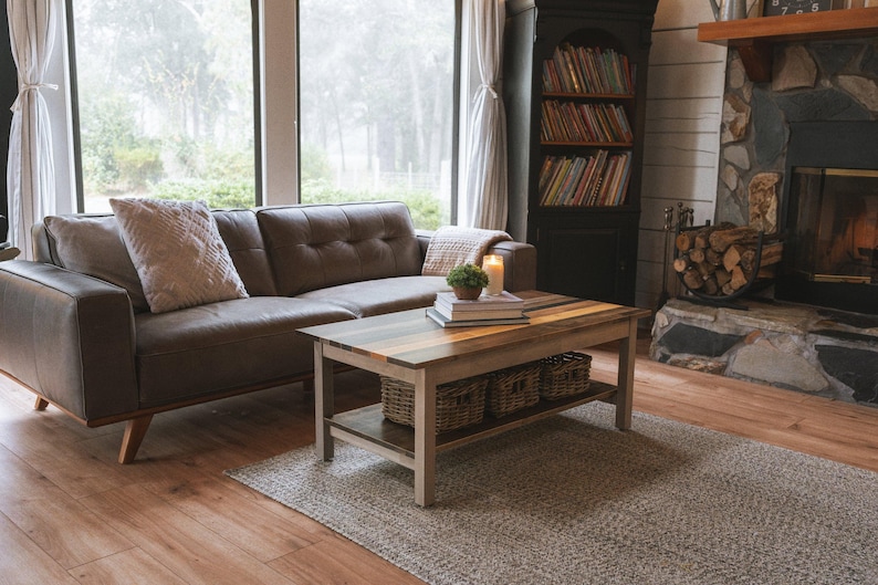 The Westley Modern Farmhouse Solid Wood Coffee Table with Storage Shelf - Rustic Living Room Furniture image 2