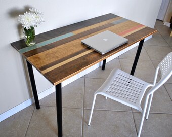Distressed Colorful Wood Desk with Round Metal Legs