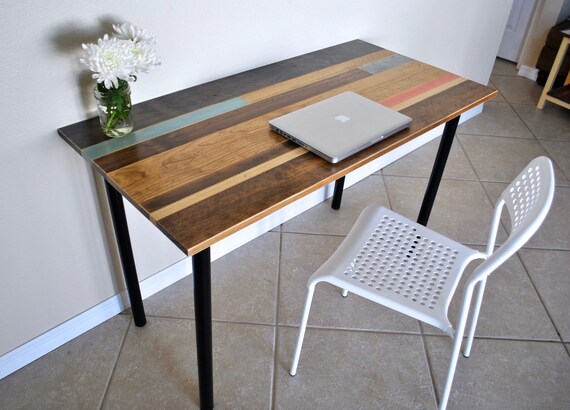 Distressed Colorful Wood Desk With Round Metal Legs Etsy