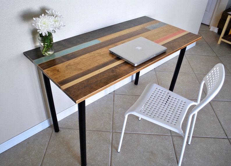 Distressed Colorful Wood Desk With Round Metal Legs