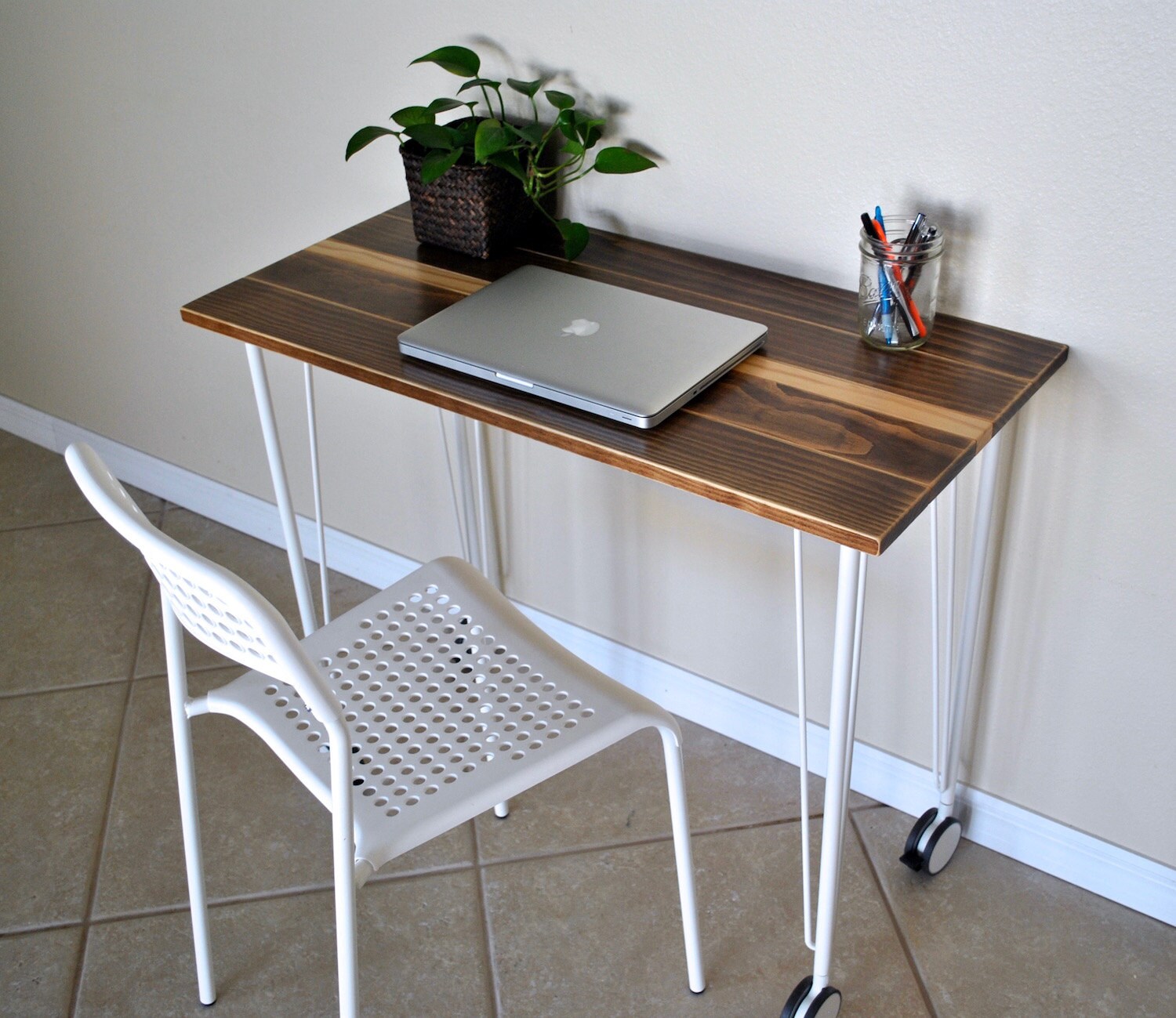 Wood Desk With Hairpin Legs With Casters