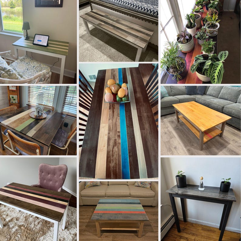 May include: A collection of wooden furniture pieces featuring multi-colored, striped, and plank-style tabletops. The set includes various desks, benches, and coffee tables with natural wood tones, painted accents, and sturdy frames.