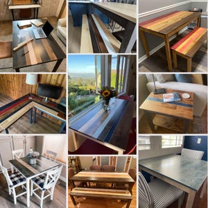 May include: A collage of wooden tables and desks featuring various designs, including multi-toned plank surfaces, L-shaped configurations, and matching benches, all showcasing natural wood grain patterns and smooth, finished surfaces.