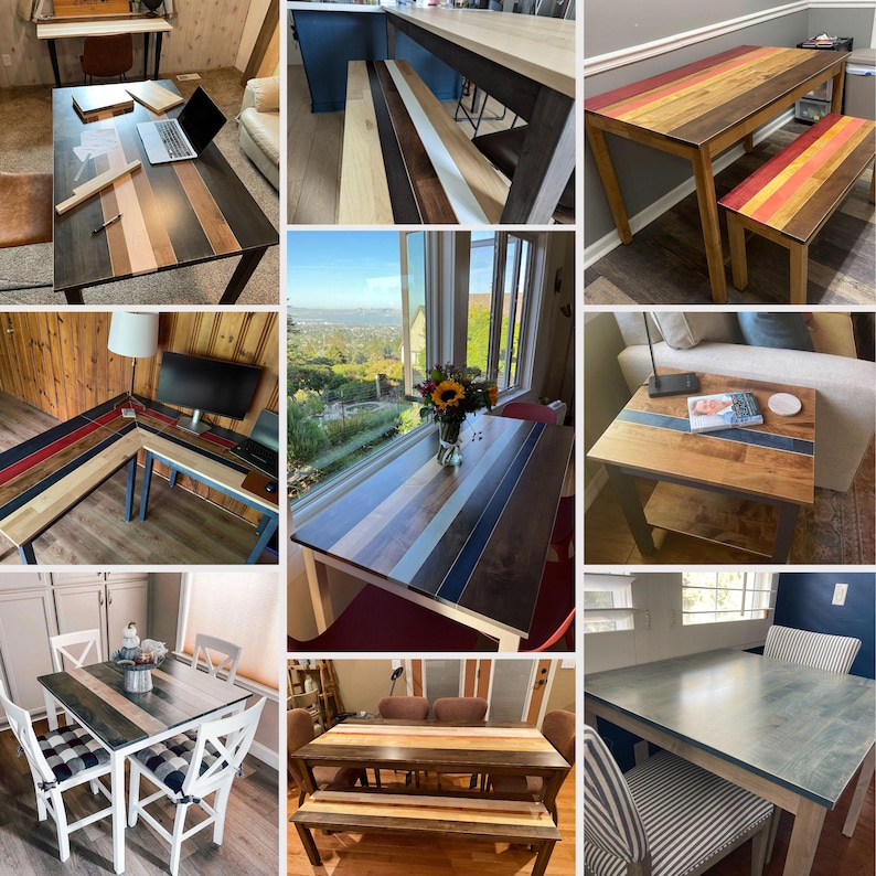 May include: A collage of wooden tables and desks featuring various designs, including multi-toned plank surfaces, L-shaped configurations, and matching benches, all showcasing natural wood grain patterns and smooth, finished surfaces.
