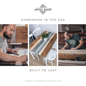 May include: The Appel Shop logo with the text "HANDMADE IN THE USA" and "BUILT TO LAST". The image shows a wooden table with a striped design, a person drawing, and a person working with wood.