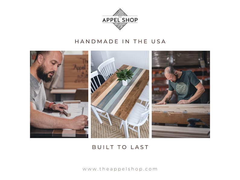 May include: The Appel Shop logo with the text "HANDMADE IN THE USA" and "BUILT TO LAST". The image shows a wooden table with a striped design, a person drawing, and a person working with wood.