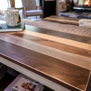 a wooden coffee table with a striped pattern, featuring a white mug and a book on top. The table is situated in a living room with a couch and a fireplace visible in the background.