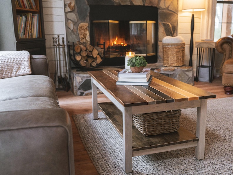 The Westley Modern Farmhouse Solid Wood Coffee Table with Storage Shelf - Rustic Living Room Furniture image 3