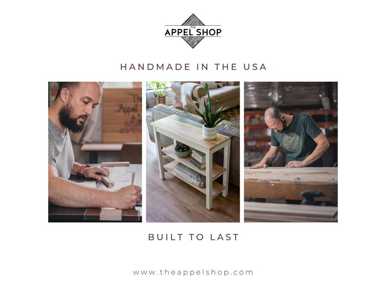 The image is a collage of three photos depicting a man working on a wooden table, a man working on a wooden shelf, and a man working on a wooden board. The text above the collage reads "HANDMADE IN THE USA" and "BUILT TO LAST", and the website "www.theappshop.com" is provided at the bottom.