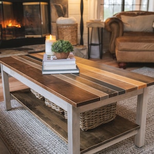The Westley Modern Farmhouse Solid Wood Coffee Table with Storage Shelf - Rustic Living Room Furniture image 1