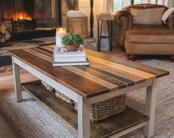 The Westley Modern Farmhouse Solid Wood Coffee Table with Storage Shelf - Rustic Living Room Furniture