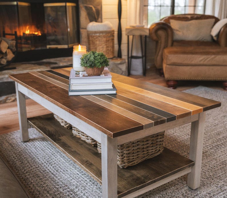 The Westley Modern Farmhouse Solid Wood Coffee Table with Storage Shelf - Rustic Living Room Furniture image 1