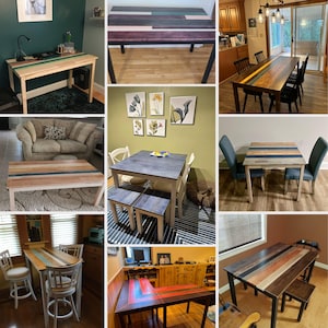 May include: A collage of various wooden tables featuring inlaid colored planks, including rectangular dining tables, square kitchen tables, and desks, showcasing diverse wood finishes, metal and wooden legs, and multi-colored decorative center stripes.
