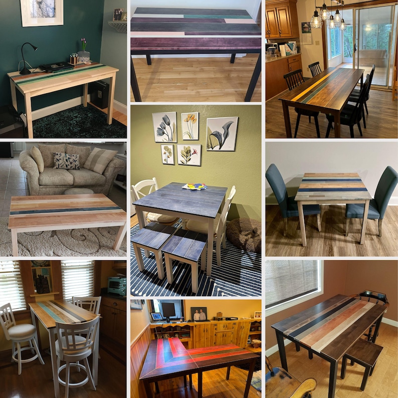 May include: A collage of various wooden tables featuring inlaid colored planks, including rectangular dining tables, square kitchen tables, and desks, showcasing diverse wood finishes, metal and wooden legs, and multi-colored decorative center stripes.