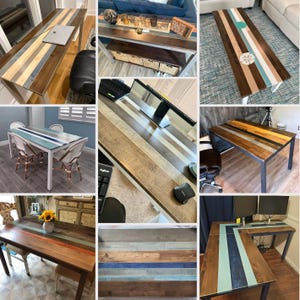 May include: A collection of custom tables and desks featuring multi-colored wood plank surfaces with inlaid resin strips in various shades of blue, teal, and white, supported by sturdy metal frames in rectangular and L-shaped configurations.