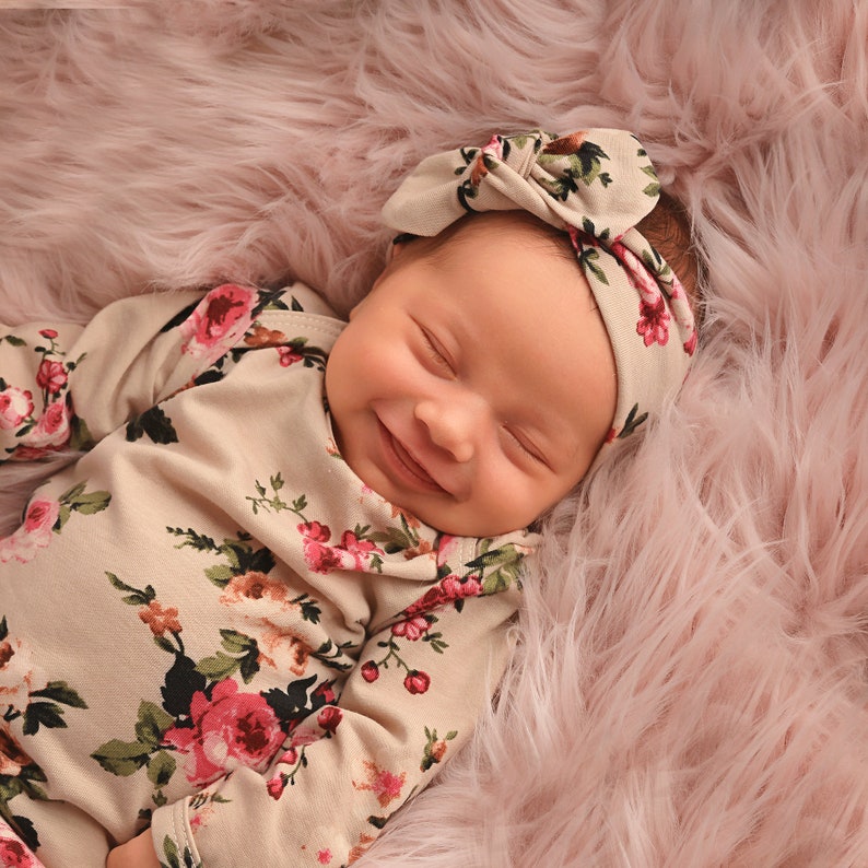 Baby girl knotted mermaid gown taupe floral gown baby gown coming home outfit baby shower gift pink gown going home set brand new
