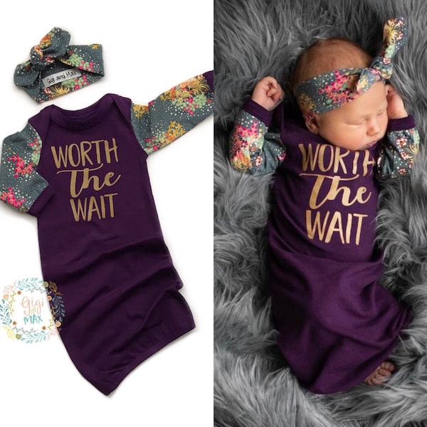 newborn baby girl Worth the Wait gown plum and floral gown baby gown coming home outfit plum gown going home gown brand new baby shower gift