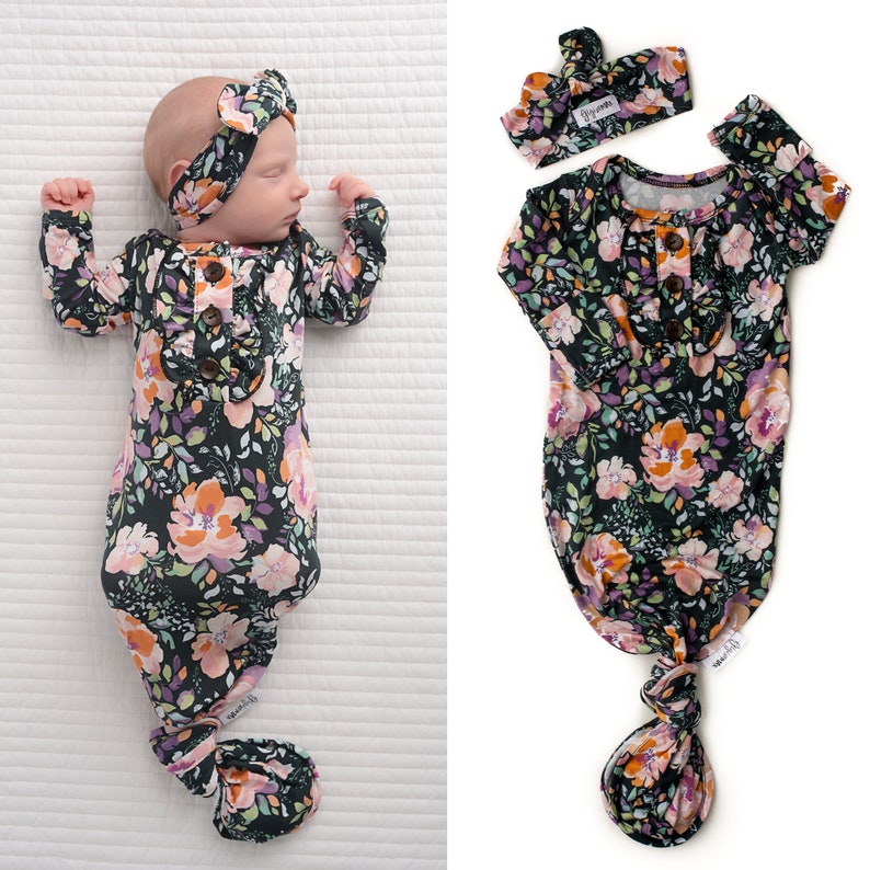 Newborn baby ruffle knotted button gown Willow floral gown baby gown coming home outfit button knot gown going home brand baby shower gift