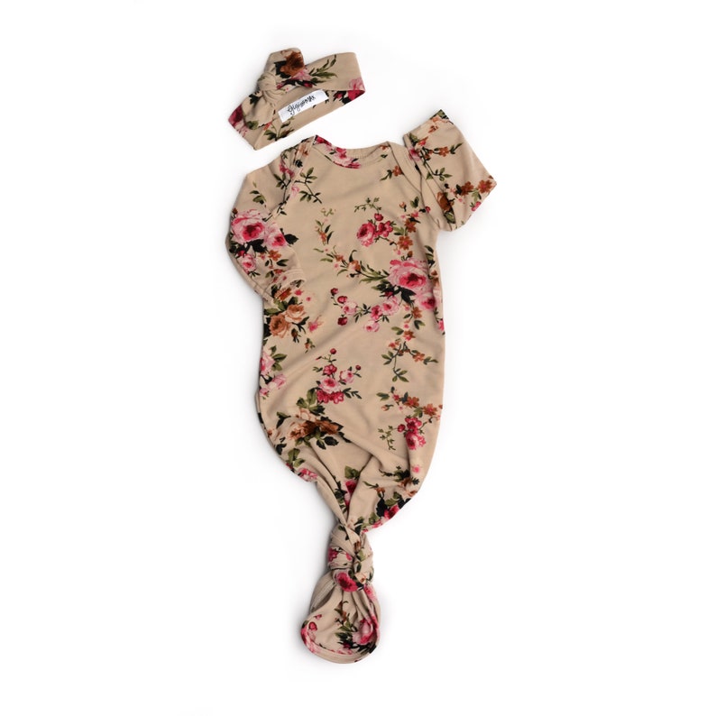 Baby girl knotted mermaid gown taupe floral gown baby gown coming home outfit baby shower gift pink gown going home set brand new