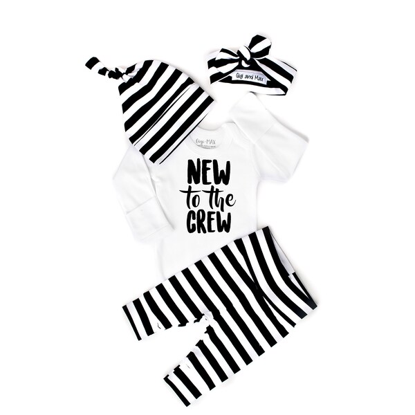 Newborn Baby Gender Neutral wide stripe New to the Crew coming home outfit Black and White Stripe theme going home set hello world baby show