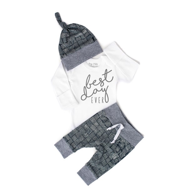 Baby boy coming home outfit -distressed navy and gray theme - going home set best day ever, baby shower gift, coming home outfit new baby