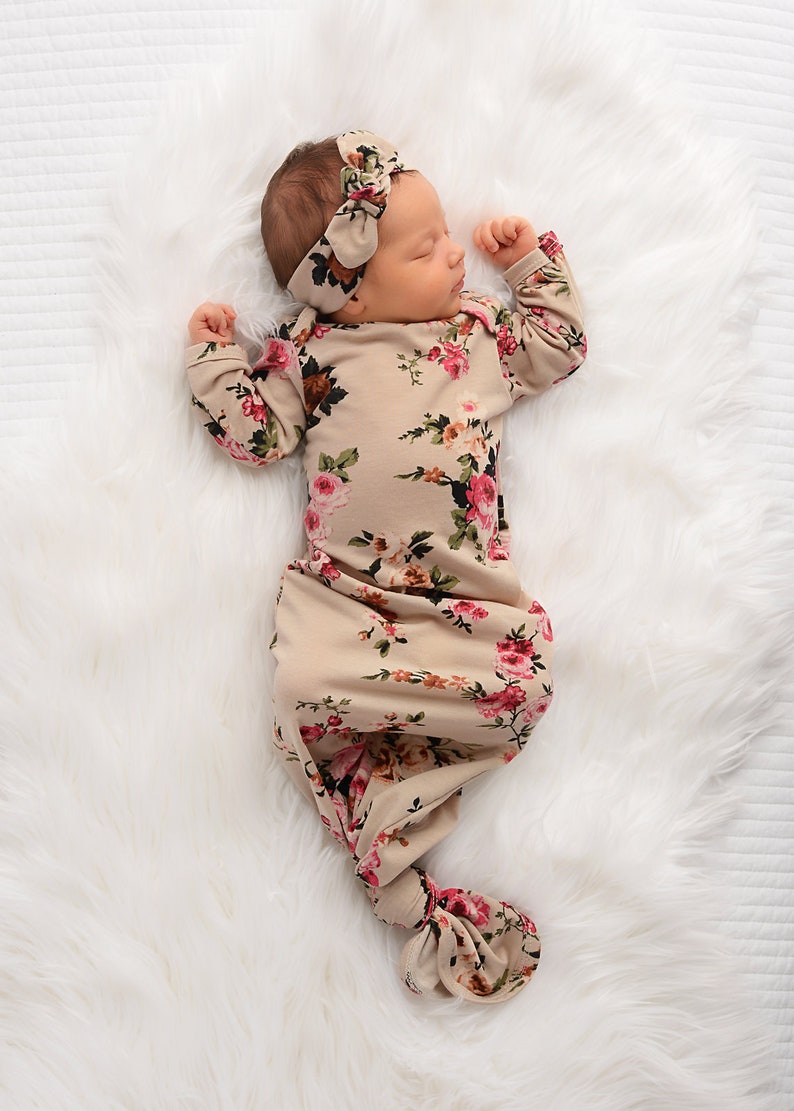 Baby girl knotted mermaid gown taupe floral gown baby gown coming home outfit baby shower gift pink gown going home set brand new
