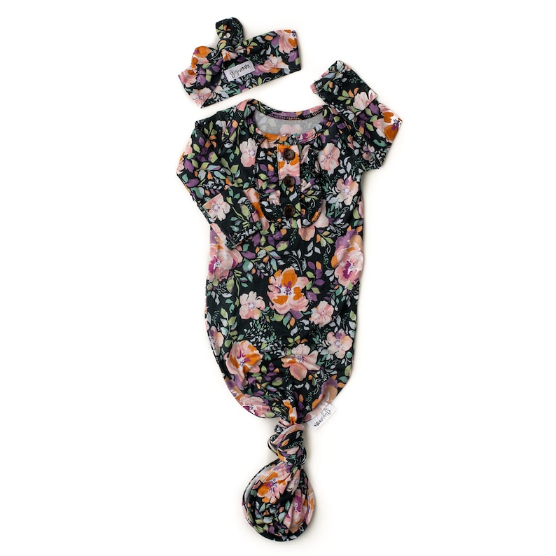 Newborn baby ruffle knotted button gown Willow floral gown baby gown coming home outfit button knot gown going home brand baby shower gift