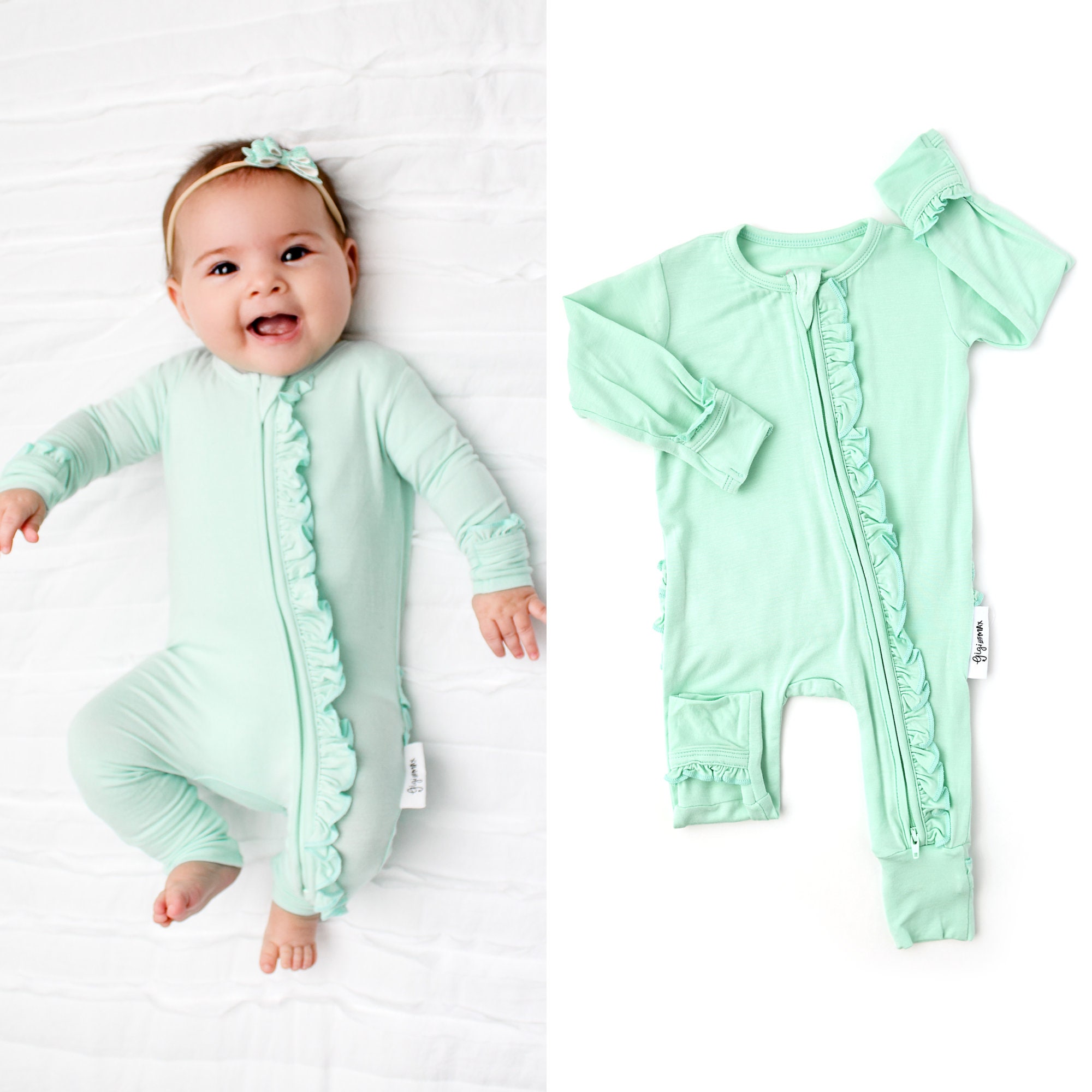 Zip romper Mint Finley ruffle 2 way zip zippered outfit | Etsy