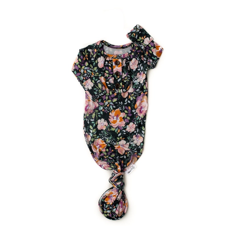 Newborn baby ruffle knotted button gown Willow floral gown baby gown coming home outfit button knot gown going home brand baby shower gift