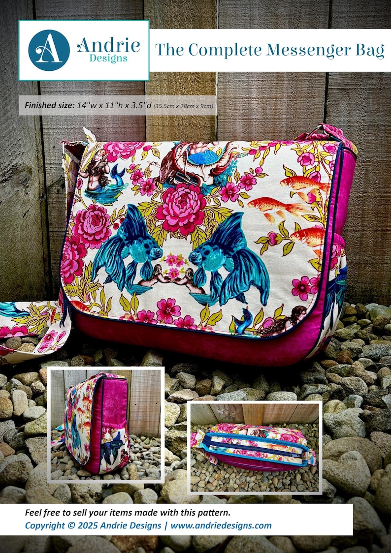 May include: A complete messenger bag sewing pattern featuring a floral and fish design. The bag is pink and white with a finished size of 14 inches wide by 11 inches high by 3.5 inches deep. The pattern includes instructions for making the bag.