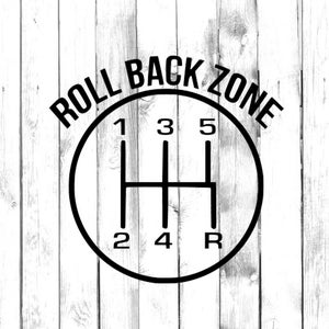 Könnte beinhalten: Schwarzweißgrafik eines Schaltmusters für ein Auto mit dem Text "ROLL BACK ZONE" um den Kreis herum.
