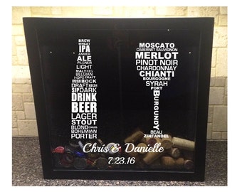 Beer Bottle and Wine Glass Typography with Wedding Names & Date - Glass Beer Cap and Wine Cork Holder - Shadow Box (12" x 12")