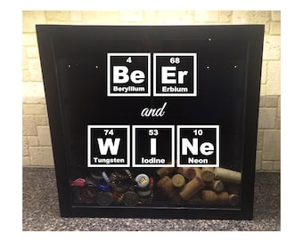 His & Hers, Beer Cap and Wine Cork Holder - Beer and Wine Periodic Table Elements - Shadow Box (12" x 12")