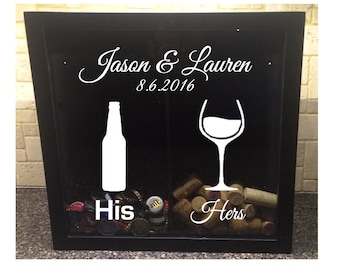 His & Hers, Beer Bottle and Wine Glass with Custom Wedding Names and Date - Beer Cap and Wine Cork Holder - Shadow Box (12" x 12")