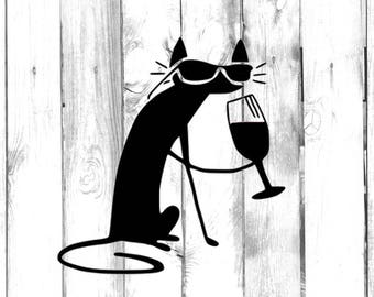 Cat in Sunglasses Drinking Wine - Di Cut Decal - Car/Truck/Home/Laptop/Computer/Phone Decal